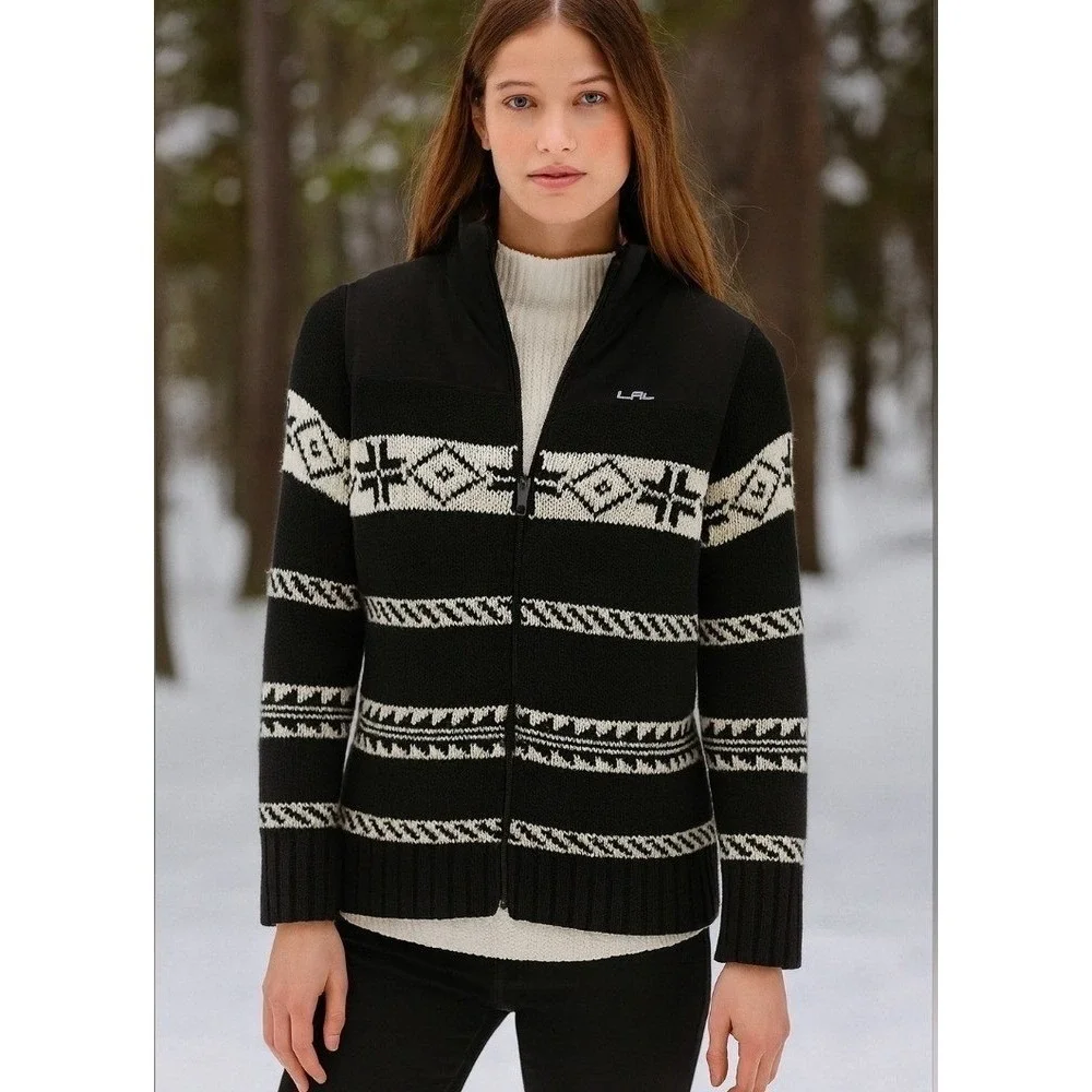 LRL Ralph Lauren Active Nordic Knit Sweater Jacket Women's Large Black Fair Isle